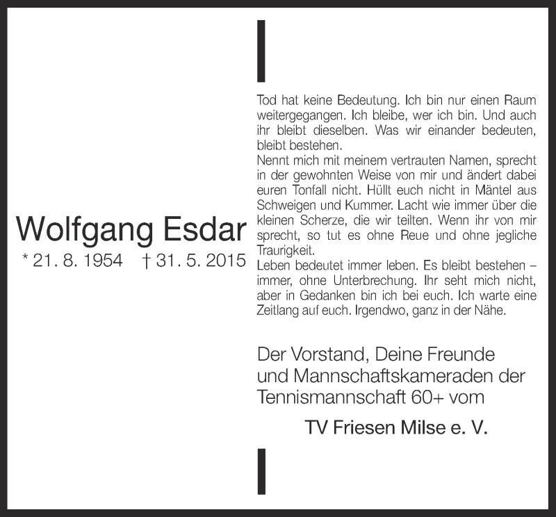  Traueranzeige für Wolfgang Esdar vom 03.06.2015 aus Neue Westfälische