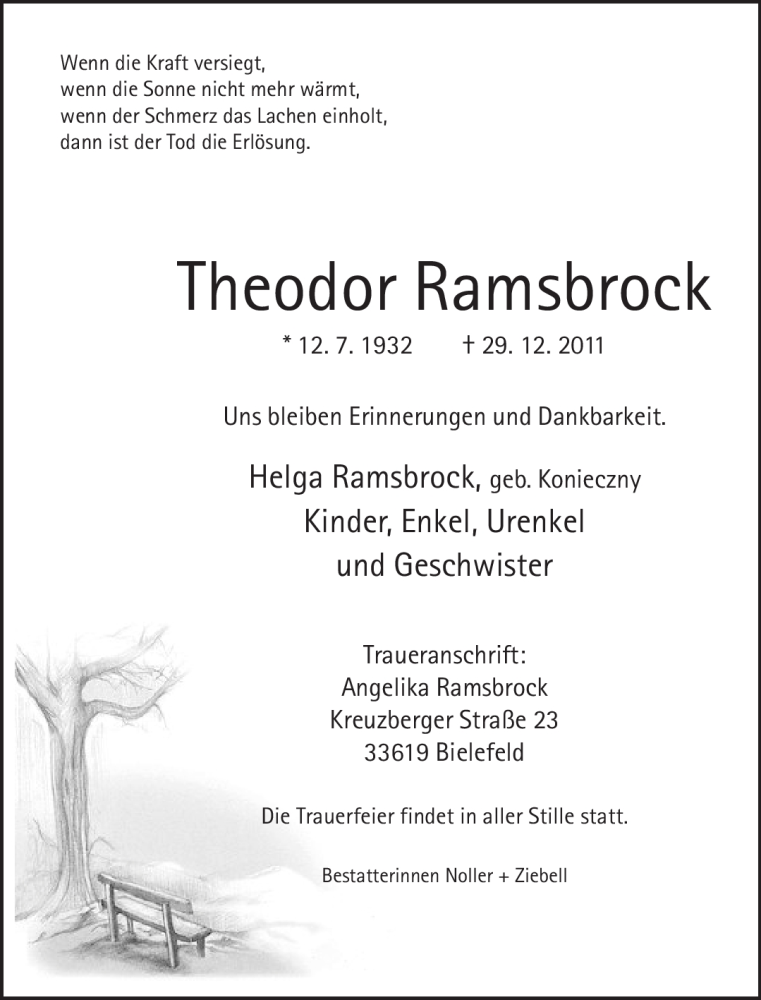  Traueranzeige für Theodor Ramsbrock vom 05.01.2012 aus Neue Westfälische