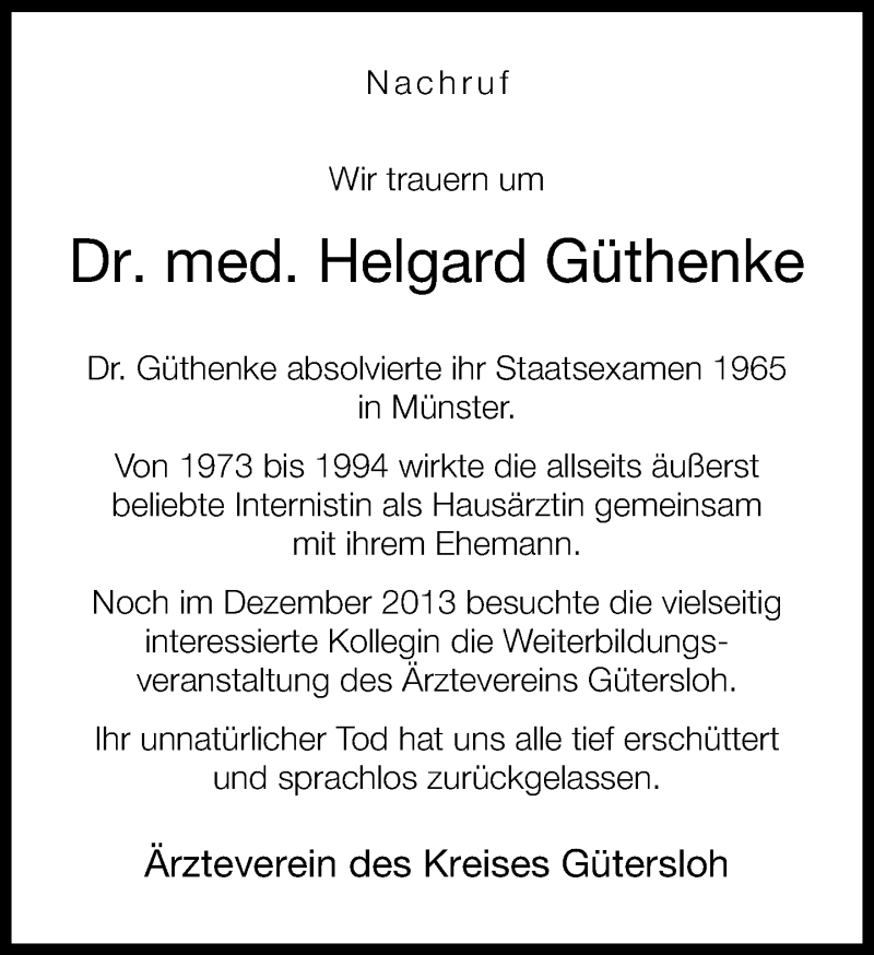  Traueranzeige für Helgard Güthenke vom 10.01.2014 aus Neue Westfälische