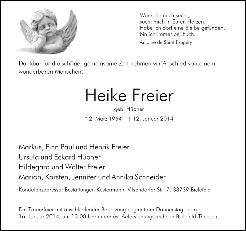  Traueranzeige für Heike Freier vom 14.01.2014 aus Neue Westfälische