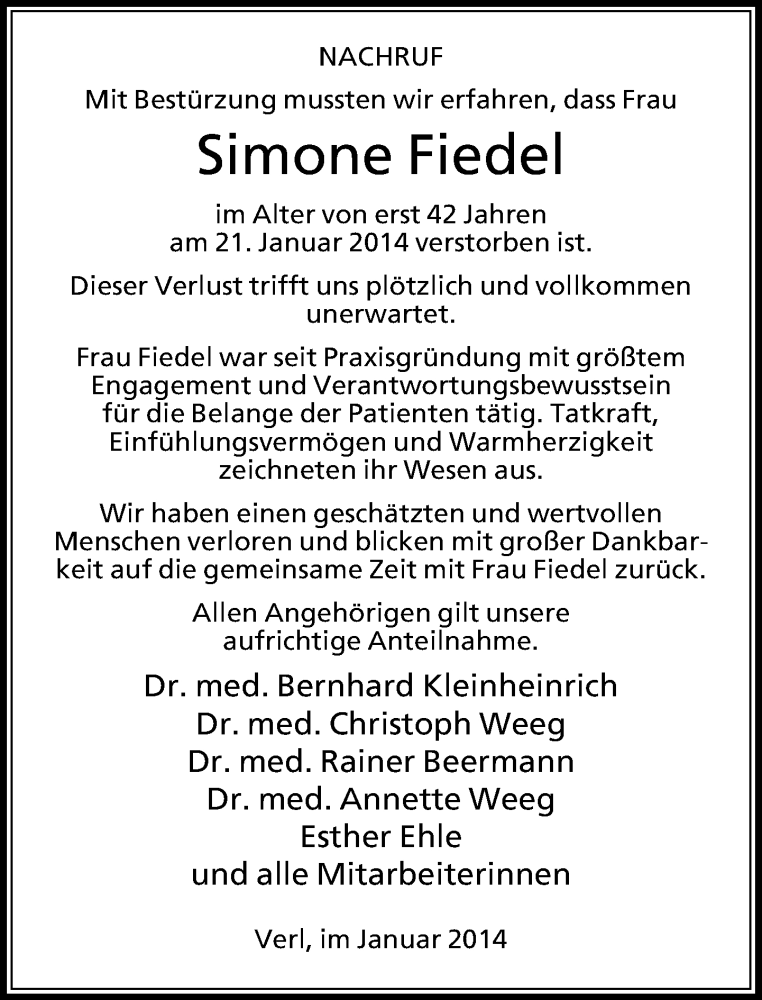  Traueranzeige für Simone Fiedel vom 25.01.2014 aus Neue Westfälische