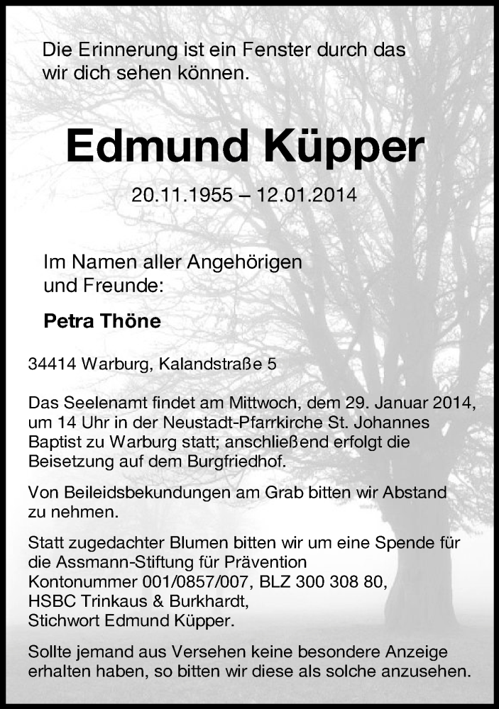  Traueranzeige für Edmund Küpper vom 25.01.2014 aus Neue Westfälische