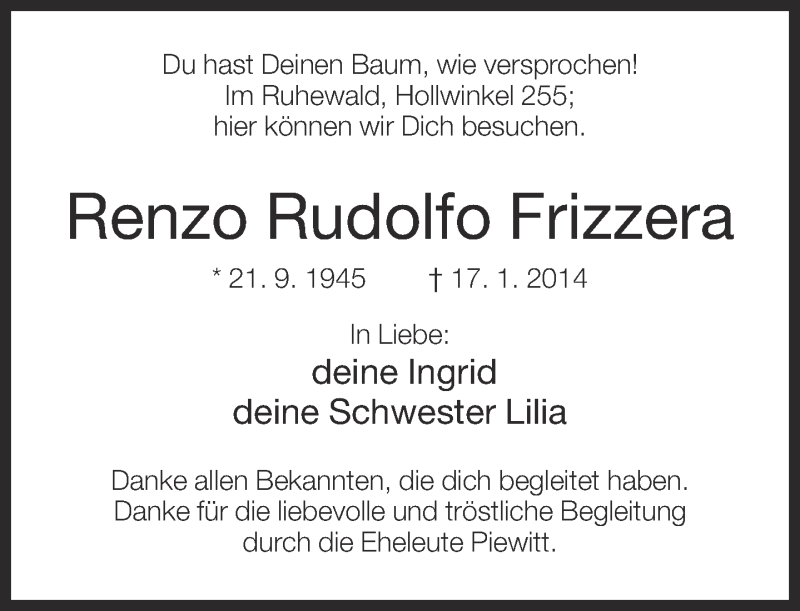  Traueranzeige für Renzo Rudolfo Frizzera vom 05.02.2014 aus Neue Westfälische