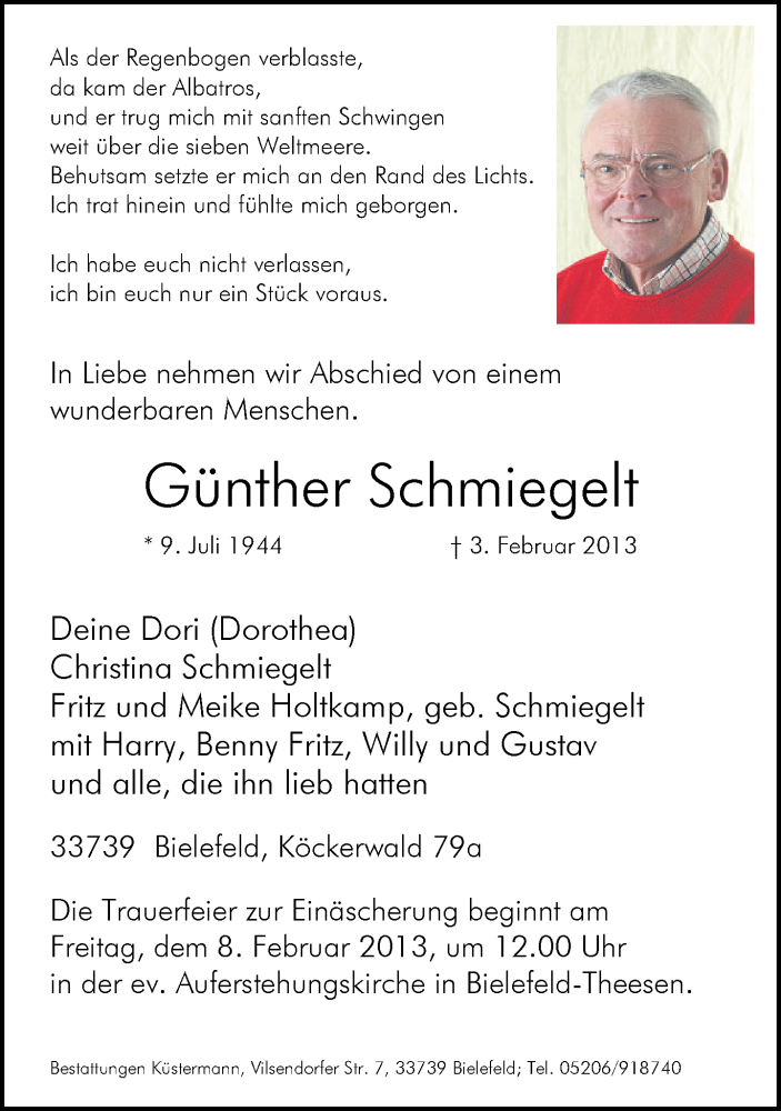  Traueranzeige für Günther Schmiegelt vom 05.02.2013 aus Neue Westfälische