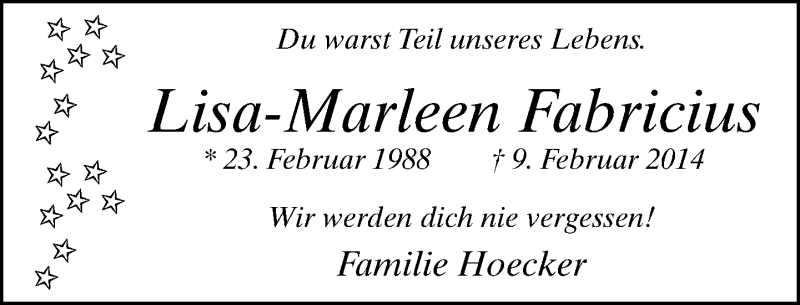 Traueranzeige für Lisa-Marleen Fabricius vom 11.02.2014 aus Neue Westfälische
