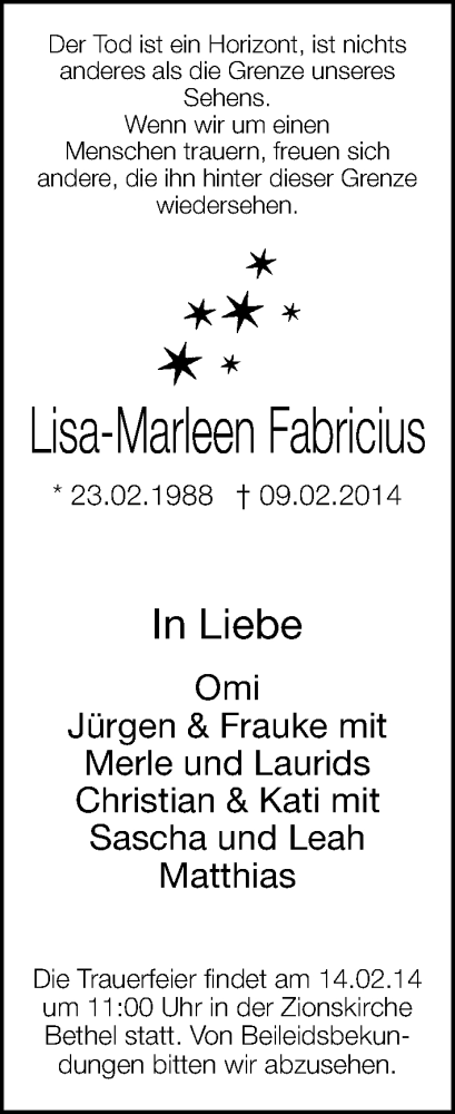  Traueranzeige für Lisa-Marleen Fabricius vom 12.02.2014 aus Neue Westfälische