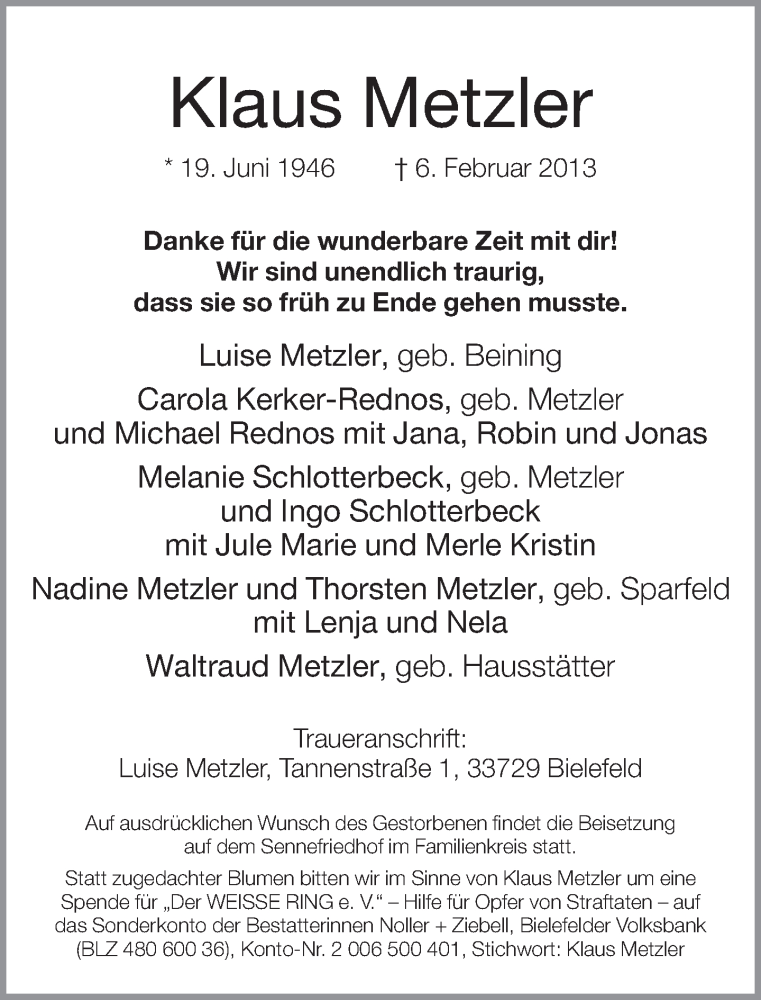  Traueranzeige für Klaus Metzler vom 09.02.2013 aus Neue Westfälische