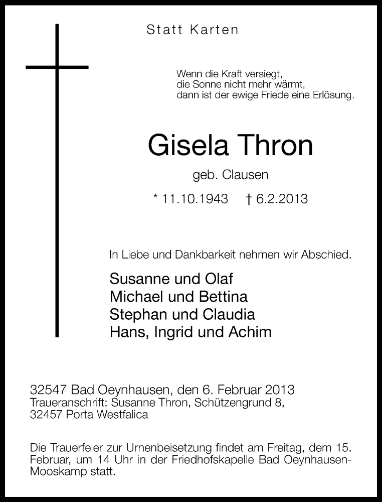  Traueranzeige für Gisela Thron vom 12.02.2013 aus Neue Westfälische