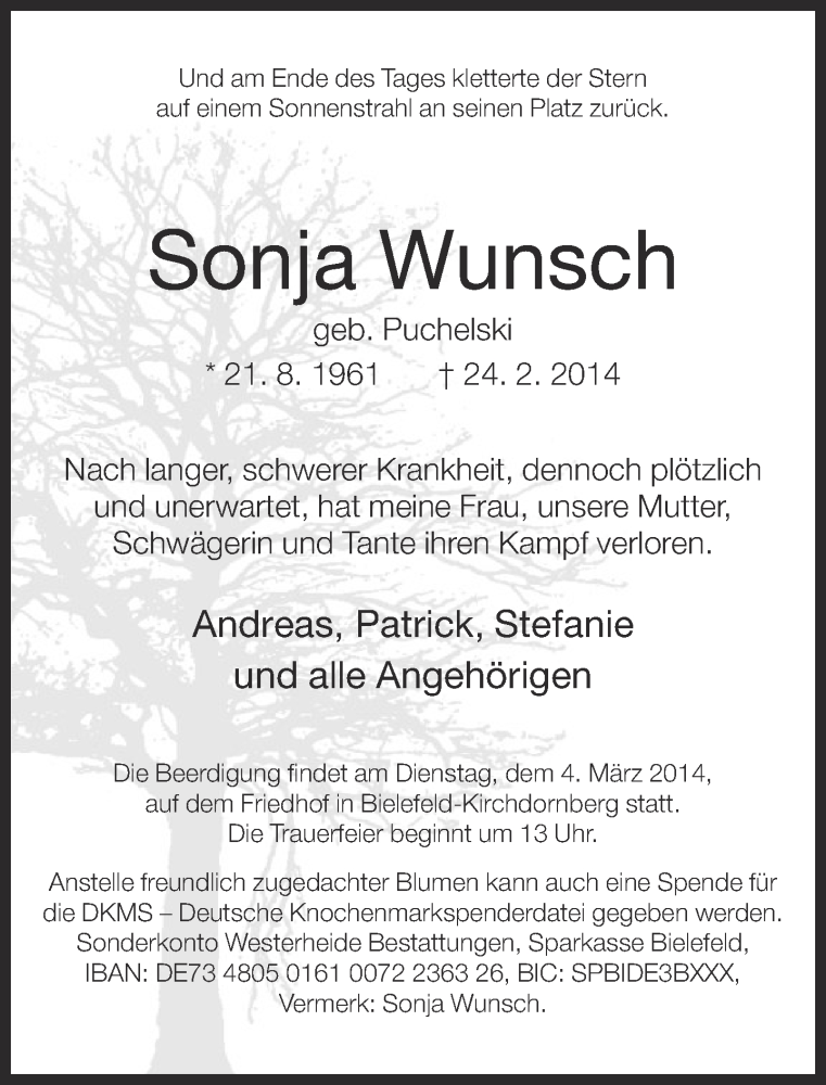  Traueranzeige für Sonja Wunsch vom 01.03.2014 aus Neue Westfälische