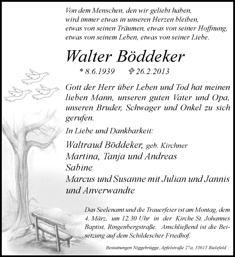  Traueranzeige für Walter Böddeker vom 01.03.2013 aus Neue Westfälische