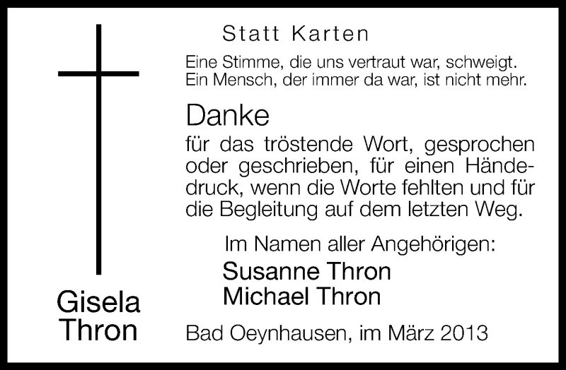  Traueranzeige für Gisela Thron vom 01.03.2013 aus Neue Westfälische