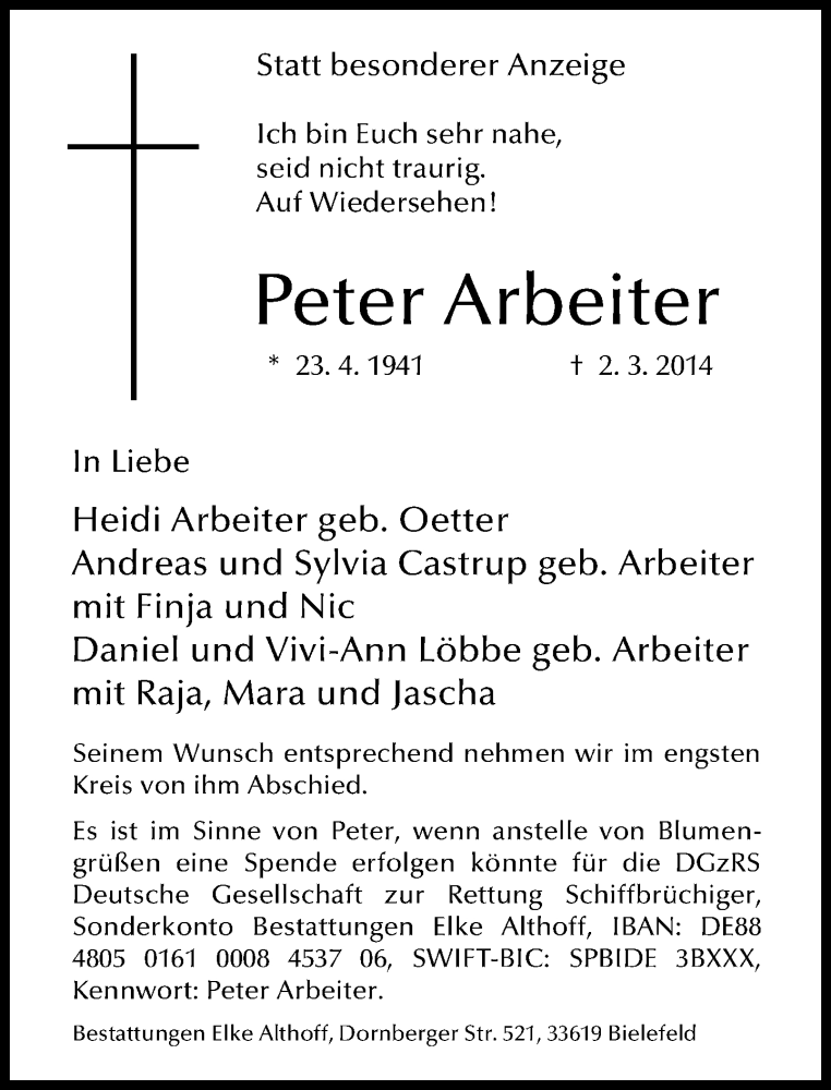  Traueranzeige für Peter Arbeiter vom 04.03.2014 aus Neue Westfälische