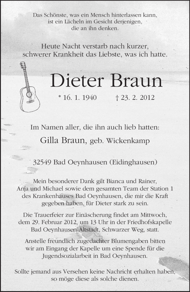  Traueranzeige für Dieter Braun vom 25.02.2012 aus Neue Westfälische