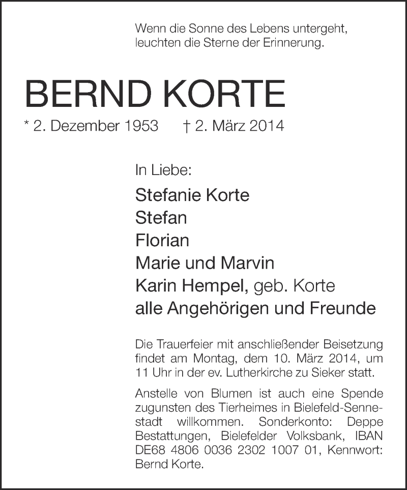  Traueranzeige für Bernd Korte vom 05.03.2014 aus Neue Westfälische