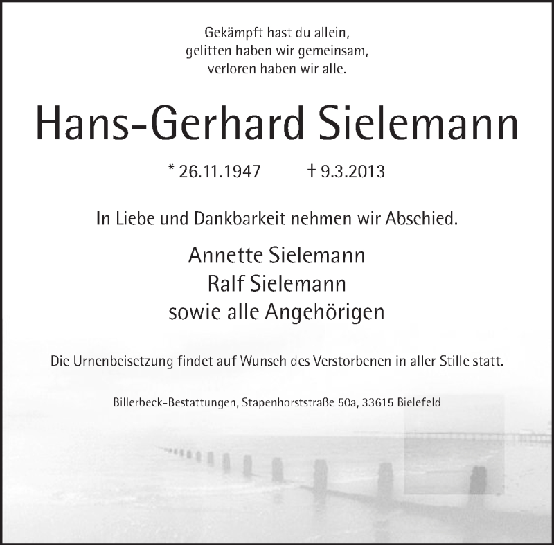  Traueranzeige für Hans-Gerhard Sielemann vom 13.03.2013 aus Neue Westfälische