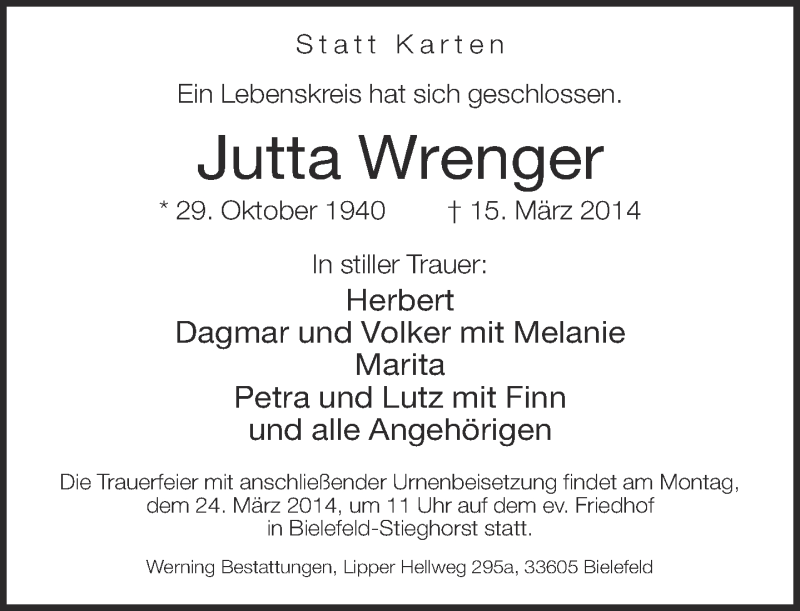  Traueranzeige für Jutta Wrenger vom 19.03.2014 aus Neue Westfälische