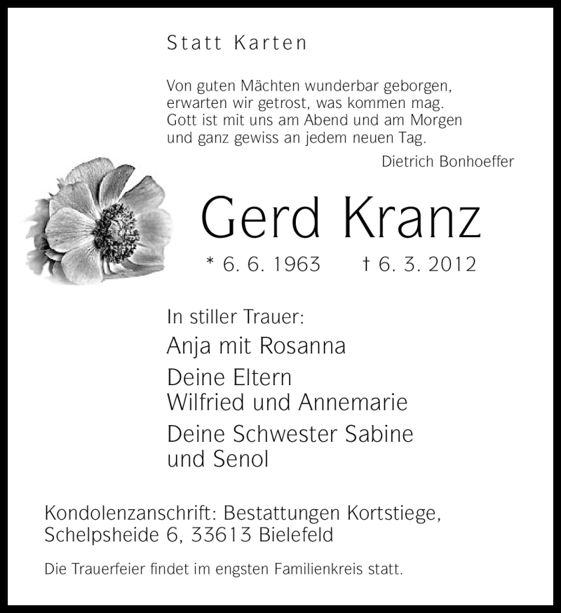  Traueranzeige für Gerd Kranz vom 09.03.2012 aus Neue Westfälische