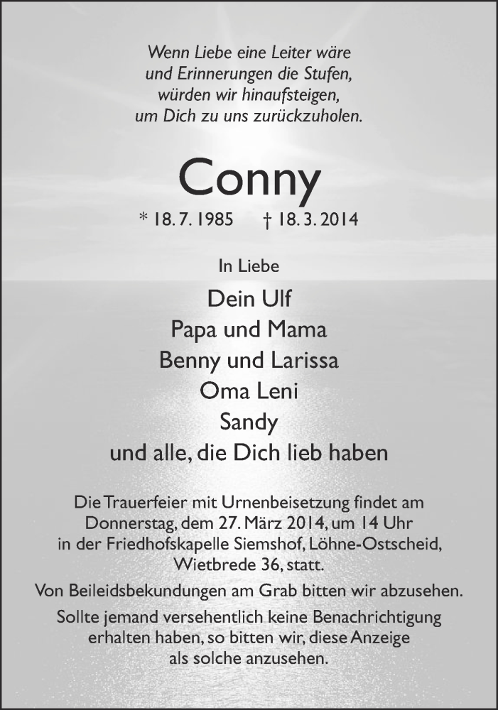  Traueranzeige für Conny  vom 22.03.2014 aus Neue Westfälische