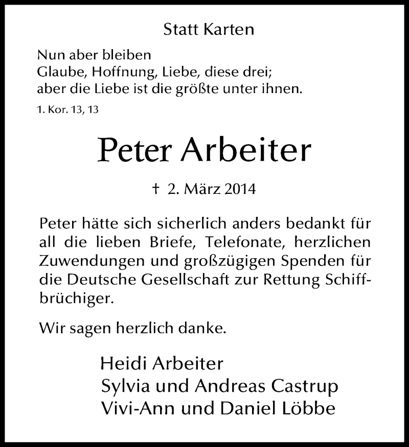  Traueranzeige für Peter Arbeiter vom 29.03.2014 aus Neue Westfälische