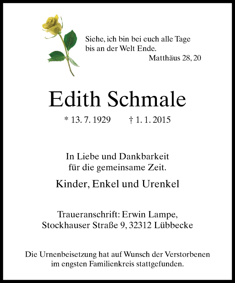  Traueranzeige für Edith Schmale vom 17.01.2015 aus Neue Westfälische