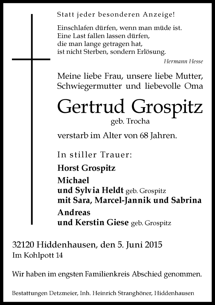  Traueranzeige für Gertrud Grospitz vom 11.06.2015 aus Neue Westfälische