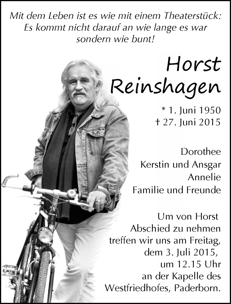  Traueranzeige für Horst Reinshagen vom 01.07.2015 aus Neue Westfälische