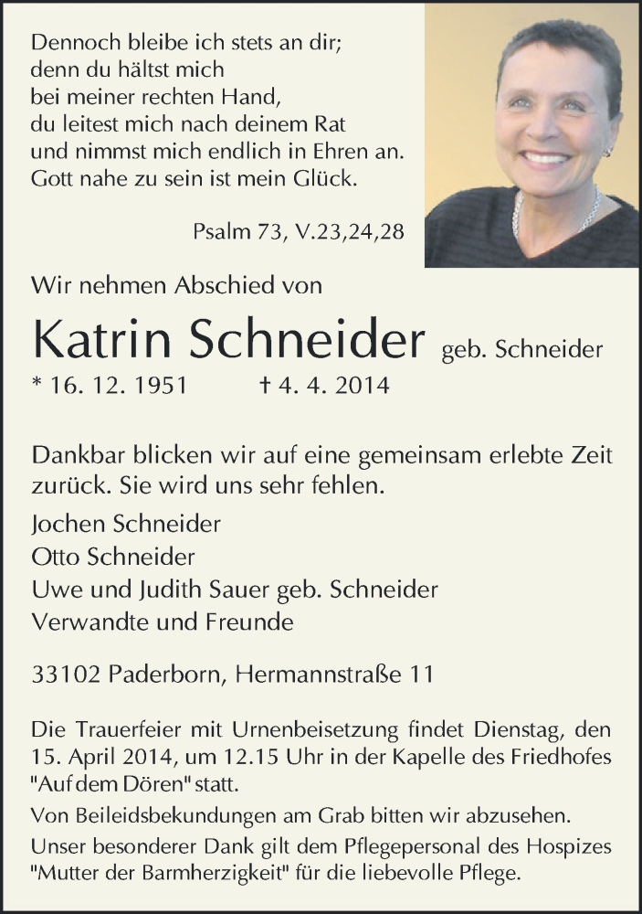  Traueranzeige für Katrin Schneider vom 08.04.2014 aus Neue Westfälische