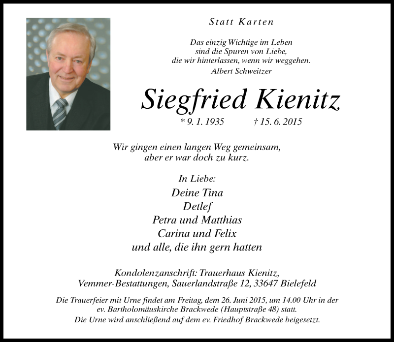  Traueranzeige für Siegfried Kienitz vom 20.06.2015 aus Neue Westfälische