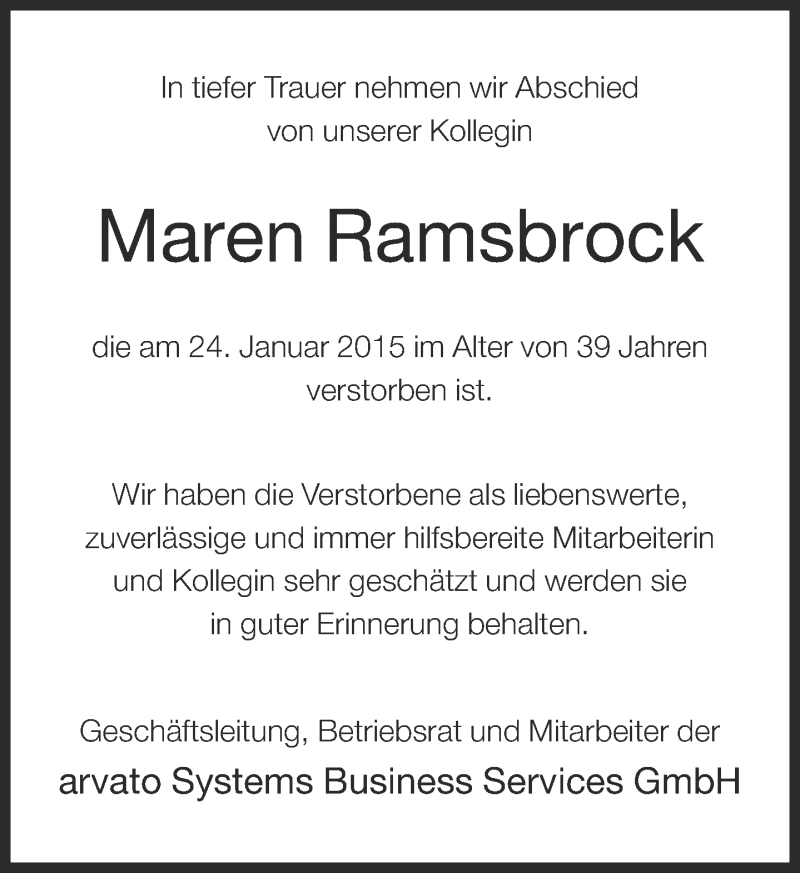  Traueranzeige für Maren Ramsbrock vom 31.01.2015 aus Neue Westfälische