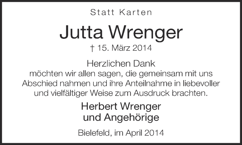  Traueranzeige für Jutta Wrenger vom 18.04.2014 aus Neue Westfälische