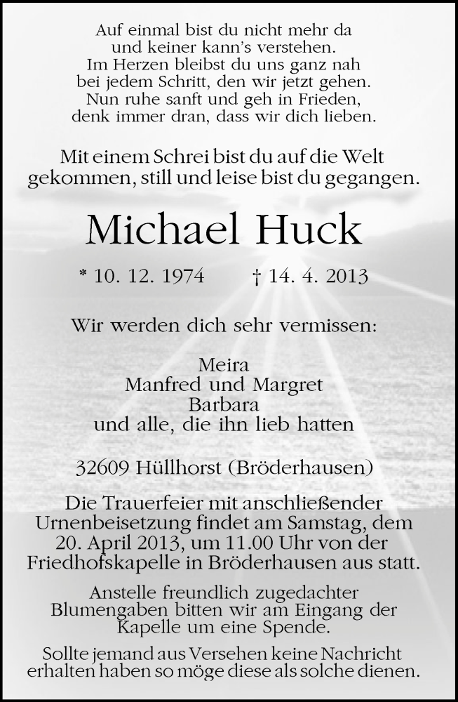  Traueranzeige für Michael Huck vom 16.04.2013 aus Neue Westfälische