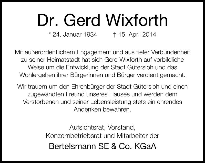  Traueranzeige für Gerd Wixforth vom 17.04.2014 aus Neue Westfälische