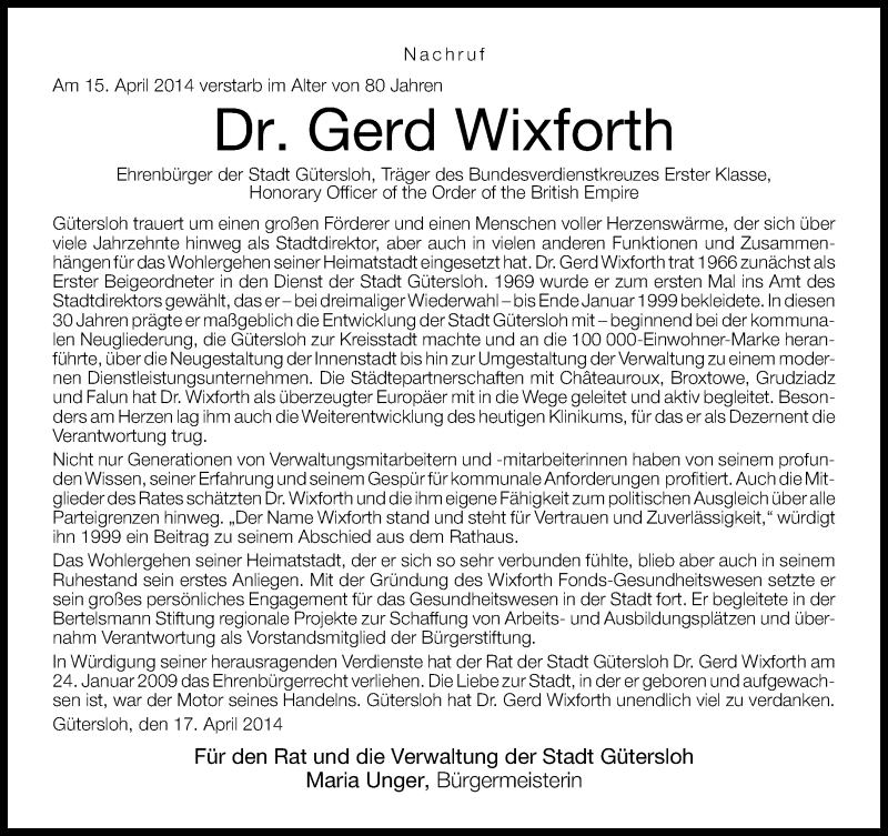  Traueranzeige für Gerd Wixforth vom 17.04.2014 aus Neue Westfälische