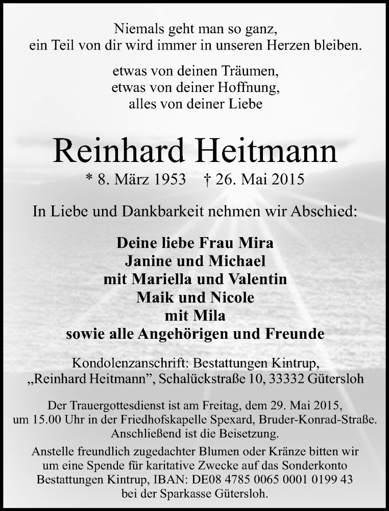  Traueranzeige für Reinhard Heitmann vom 27.05.2015 aus Neue Westfälische