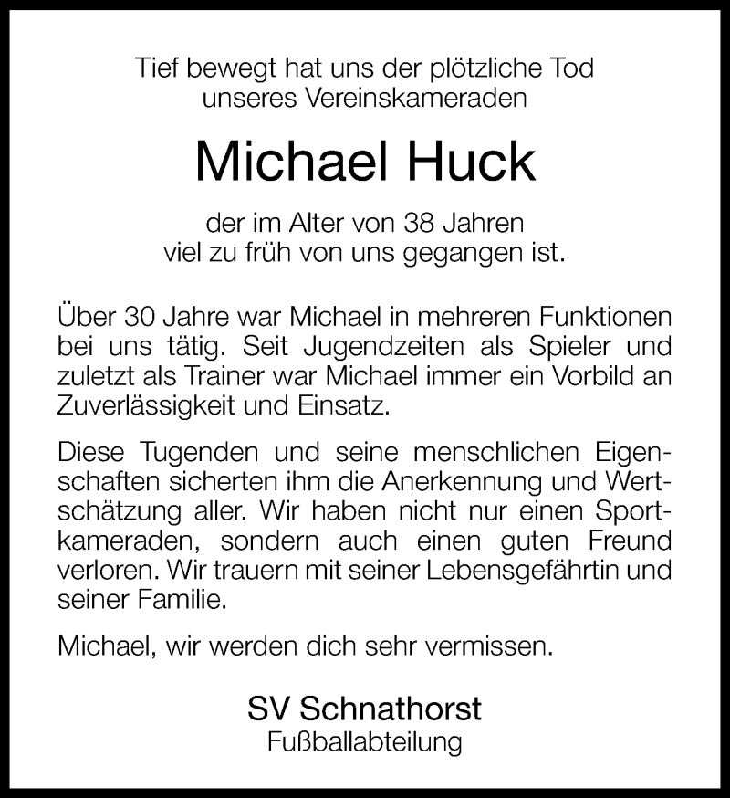  Traueranzeige für Michael Huck vom 17.04.2013 aus Neue Westfälische