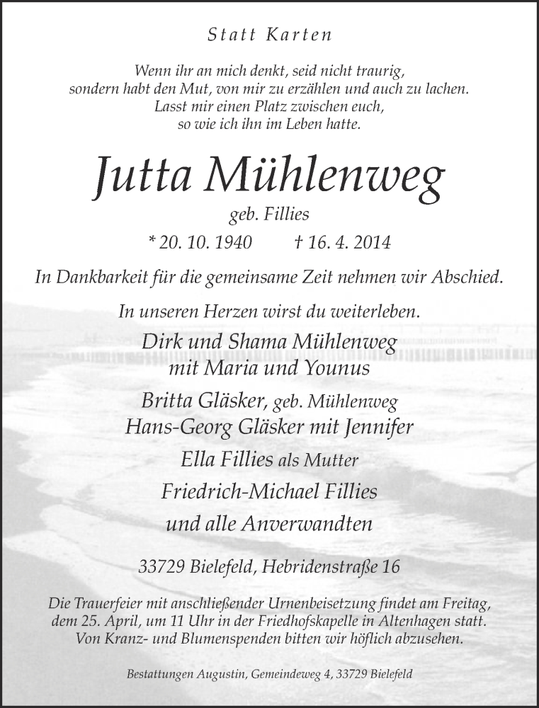  Traueranzeige für Jutta Mühlenweg vom 18.04.2014 aus Neue Westfälische