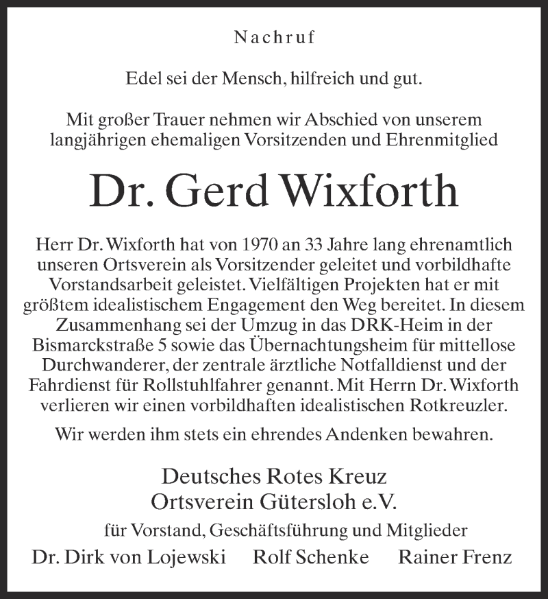  Traueranzeige für Gerd Wixforth vom 18.04.2014 aus Neue Westfälische