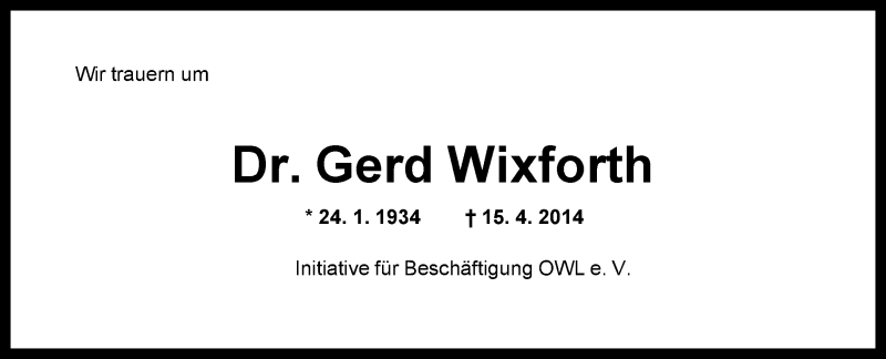  Traueranzeige für Gerd Wixforth vom 18.04.2014 aus Neue Westfälische