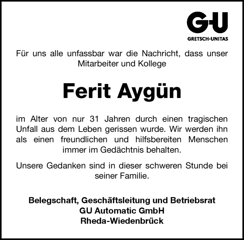  Traueranzeige für Ferit Aygün vom 10.04.2012 aus Neue Westfälische