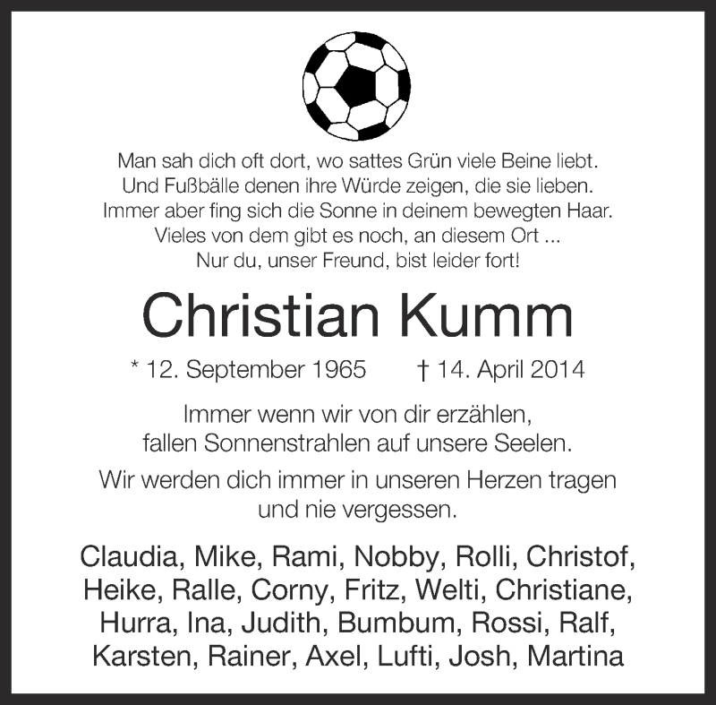  Traueranzeige für Christian Kumm vom 26.04.2014 aus Neue Westfälische