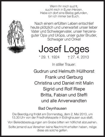 Traueranzeige von Josef Loges von Neue Westfälische
