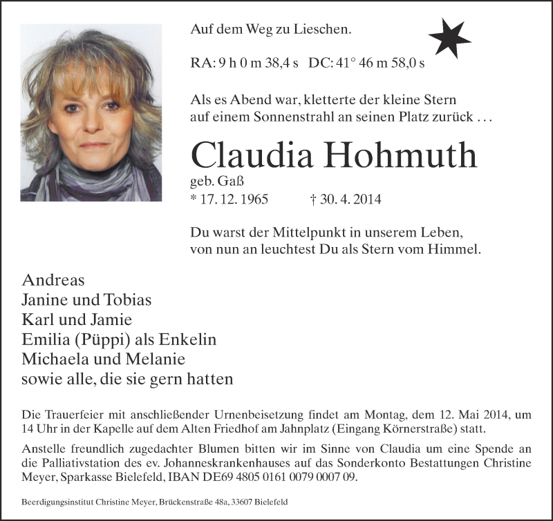  Traueranzeige für Claudia Hohmuth vom 07.05.2014 aus Neue Westfälische