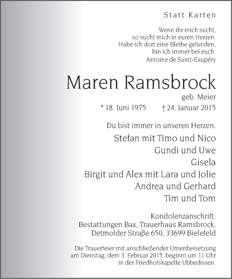  Traueranzeige für Maren Ramsbrock vom 28.01.2015 aus Neue Westfälische