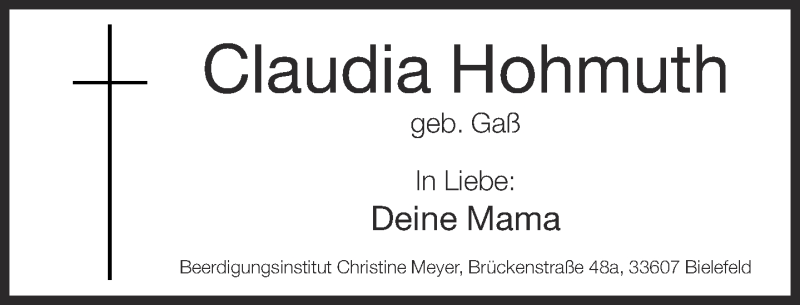  Traueranzeige für Claudia Hohmuth vom 10.05.2014 aus Neue Westfälische