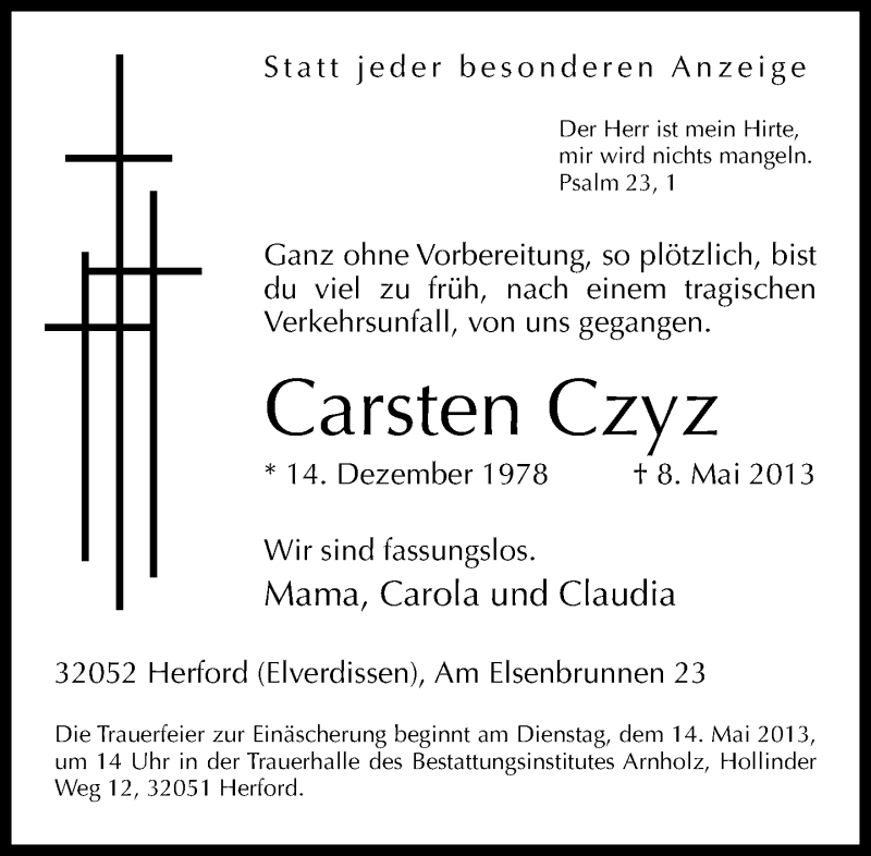  Traueranzeige für Carsten Czyz vom 11.05.2013 aus Neue Westfälische