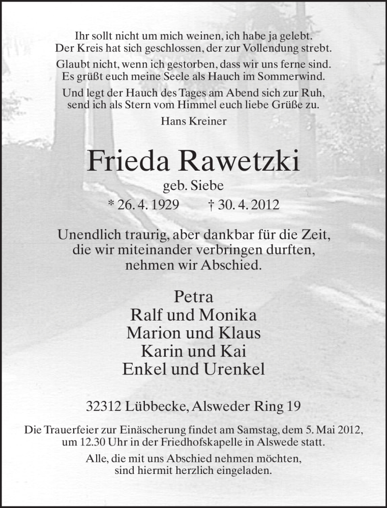  Traueranzeige für Frieda Rawetzki vom 03.05.2012 aus Neue Westfälische