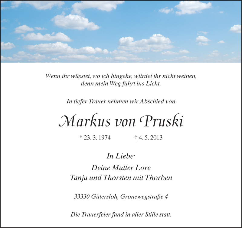  Traueranzeige für Markus von Pruski vom 18.05.2013 aus Neue Westfälische