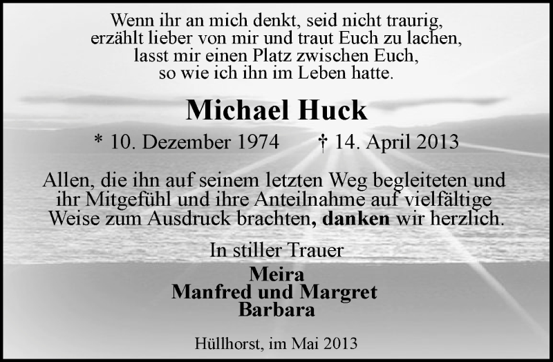  Traueranzeige für Michael Huck vom 18.05.2013 aus Neue Westfälische