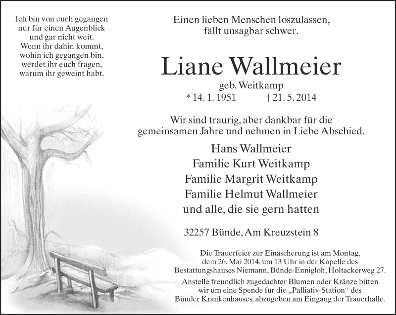  Traueranzeige für Liane Wallmeier vom 23.05.2014 aus Neue Westfälische