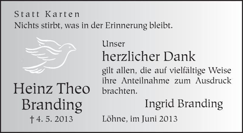  Traueranzeige für Heinz Theo Branding vom 01.06.2013 aus Neue Westfälische